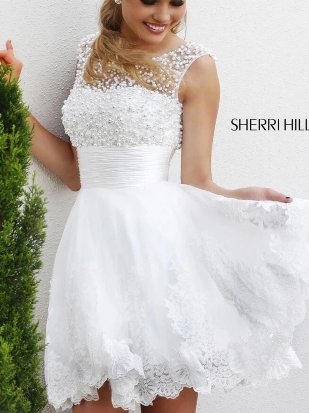 Sherri Hill 4302 White Pearl Beaded Lace Cocktail Bridal Formal Dress - Size 2